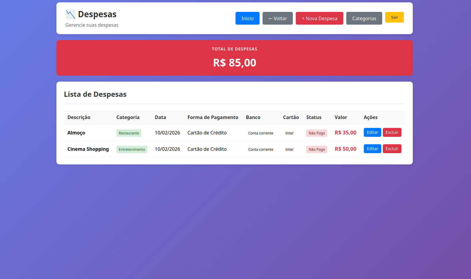 Tela de Despesas — total e lista de despesas