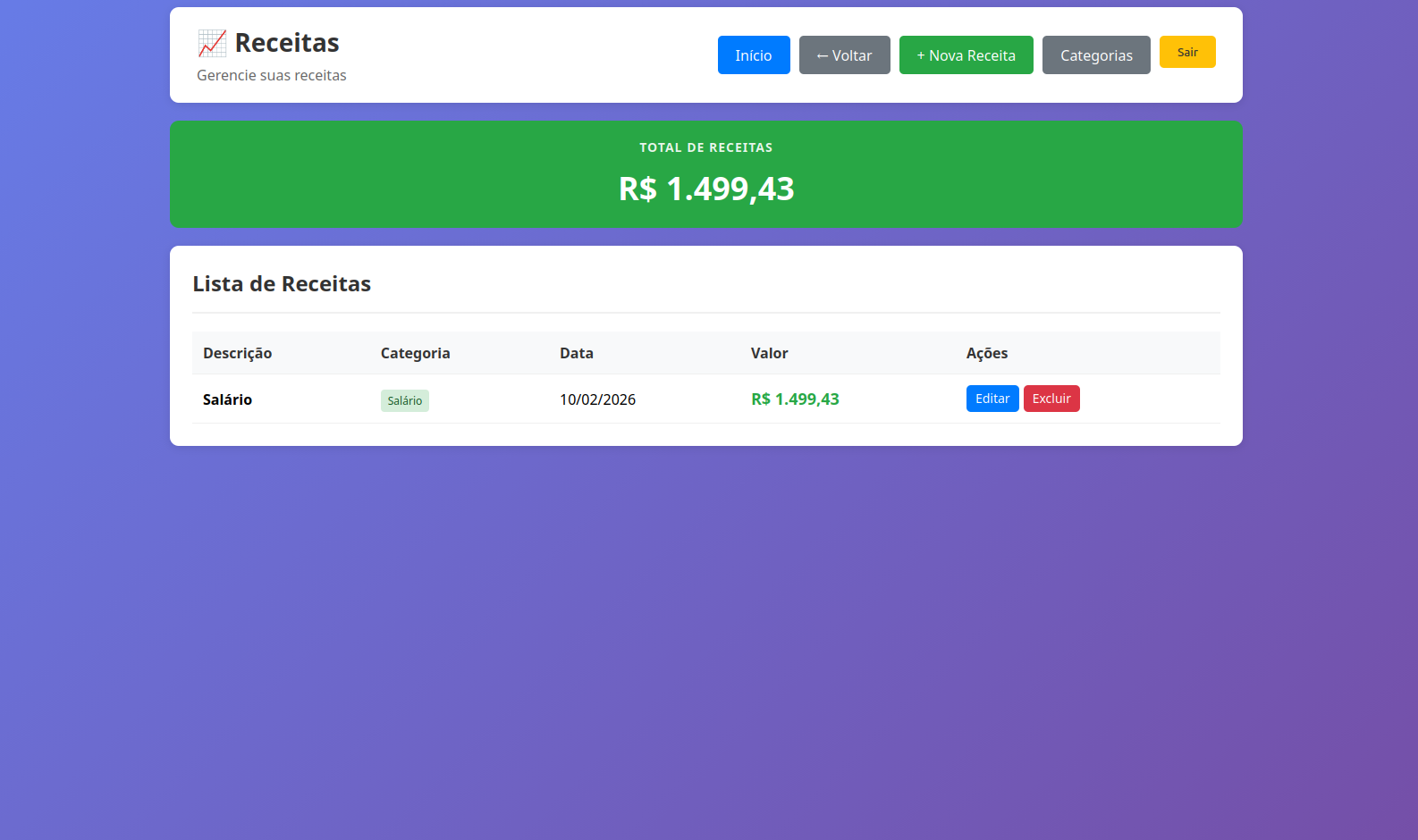 Tela de Receitas — total e lista de receitas